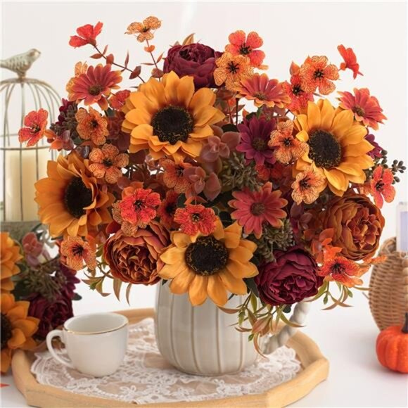 4pcs Realistic Autumn Floral Arrangement - Sunflower, Peony, Daisy Bouquet Decor - Picture 1 of 6